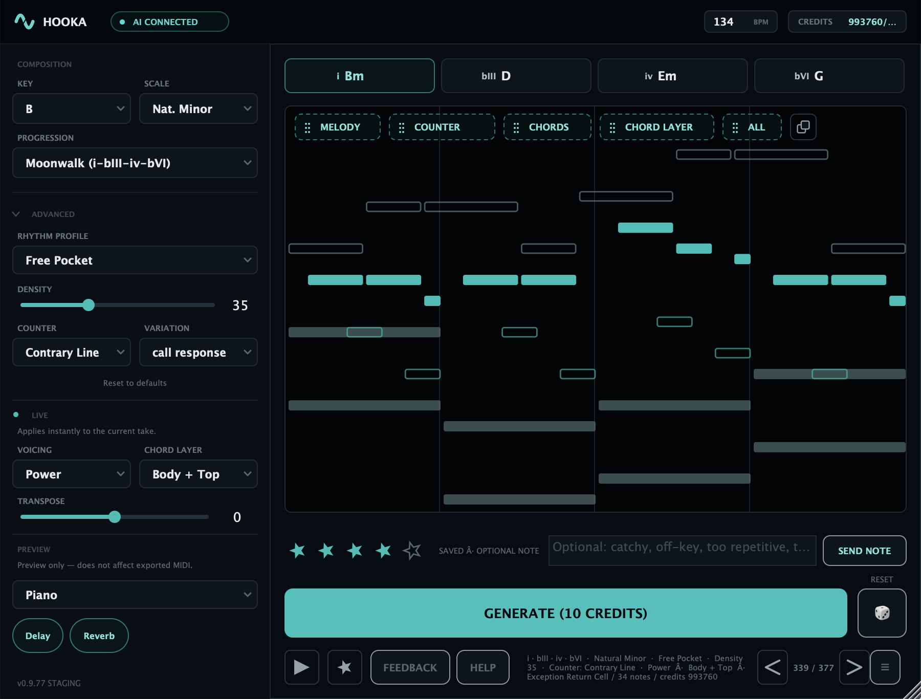 Hooka plugin with key, scale, progression and advanced rhythm, counter and voicing controls, a piano-roll preview of melody, counter and chord layers, and a Generate button