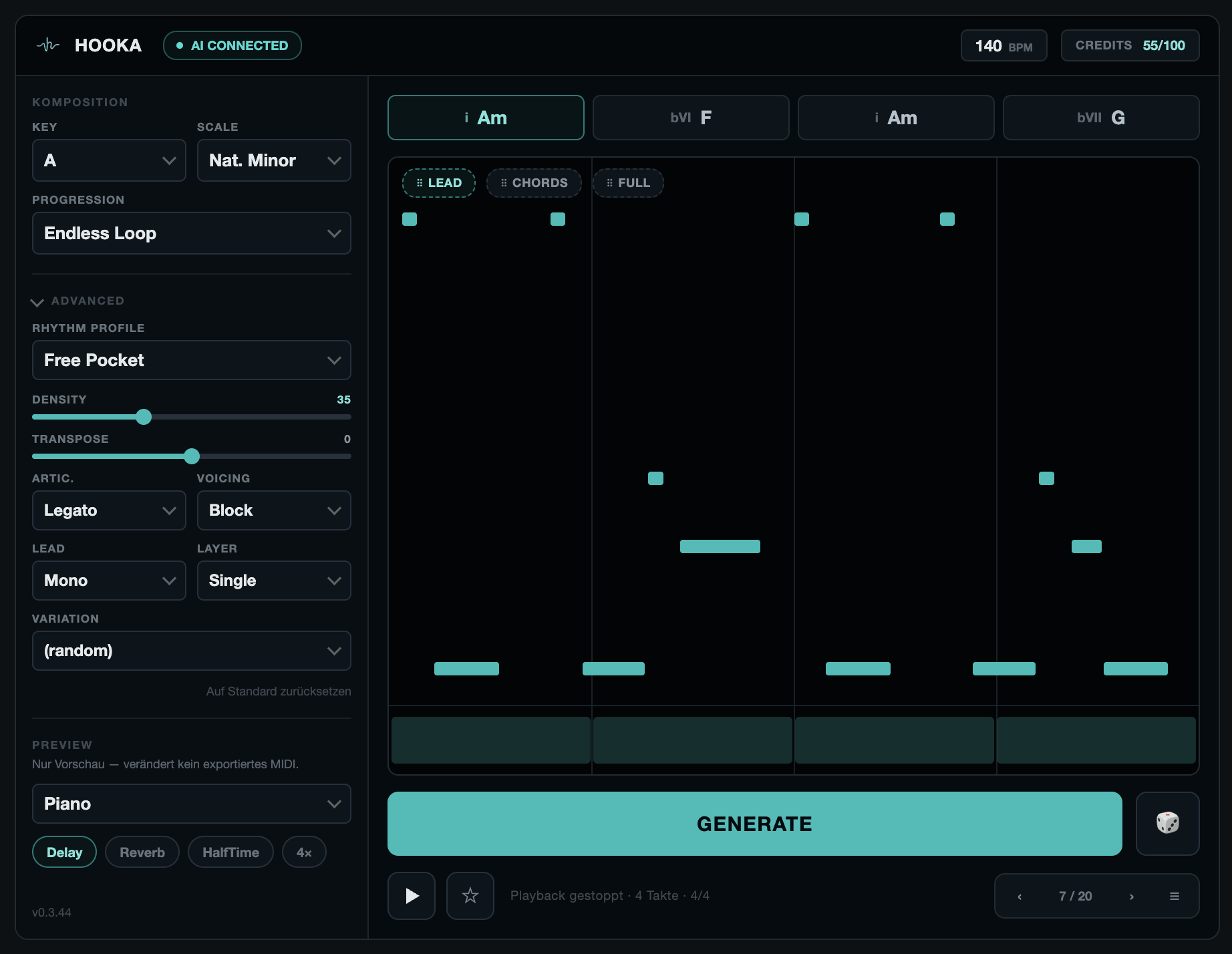 Hooka plugin: Key A, Natural Minor scale, i · bVI · i · bVII progression, piano-roll preview and Generate button